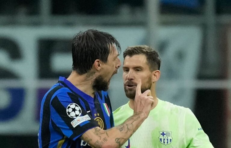 Barcelona's Inigo Martinez reacts to spitting incident with Francesco Acerbi